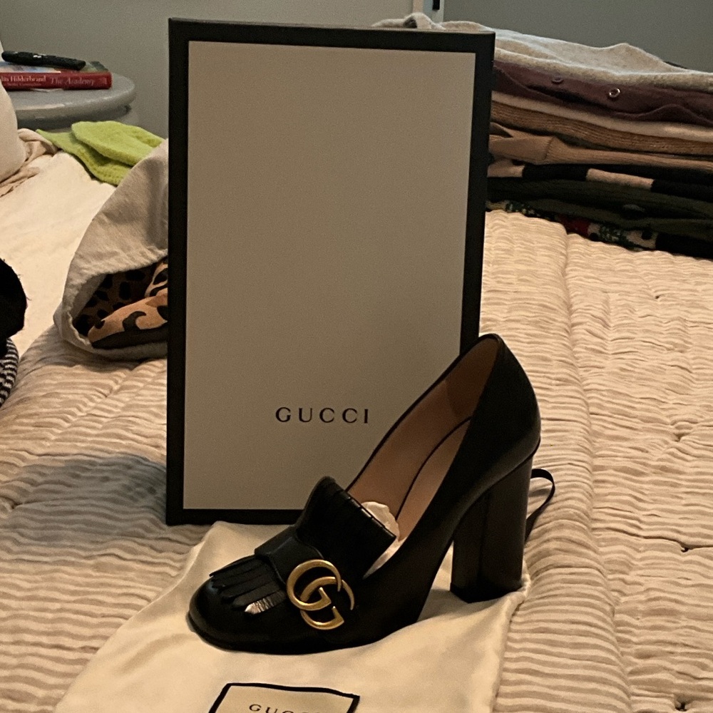 Gucci Black Heeled Loafers with Gold Accent
